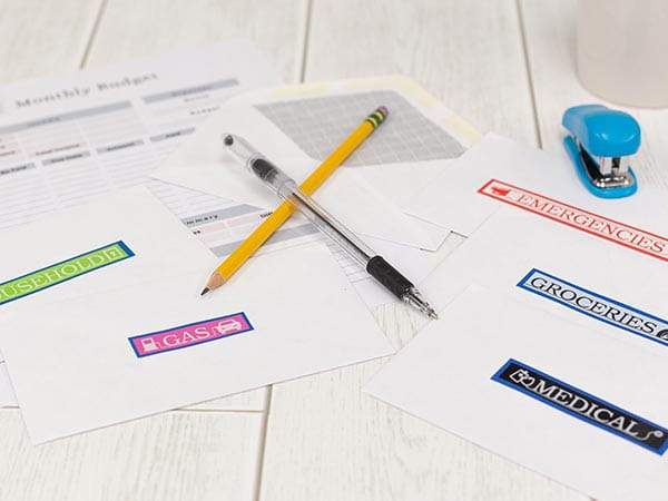 Envelopes labeled for monthly budgeting