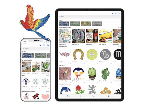 Smartphone and tablet showing the Artspira app with various design thumbnails, including florals, animals, and patterns.