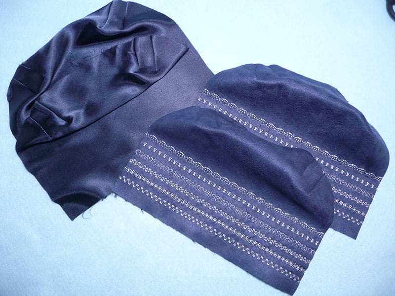 Fabrics being sewed to create a bag