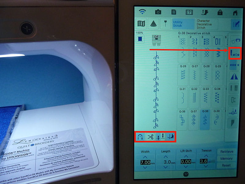 Brother Sewing Machine Screen displaying the options for dual feed, marked with red are some of the options
