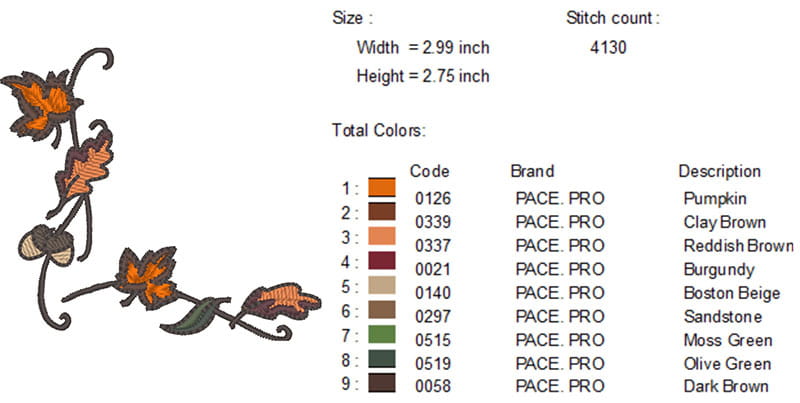 Leaf embroidery design and thread colors