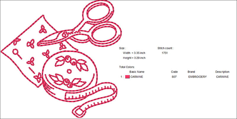 Line art of scissors, fabric and measuring tape in pink.