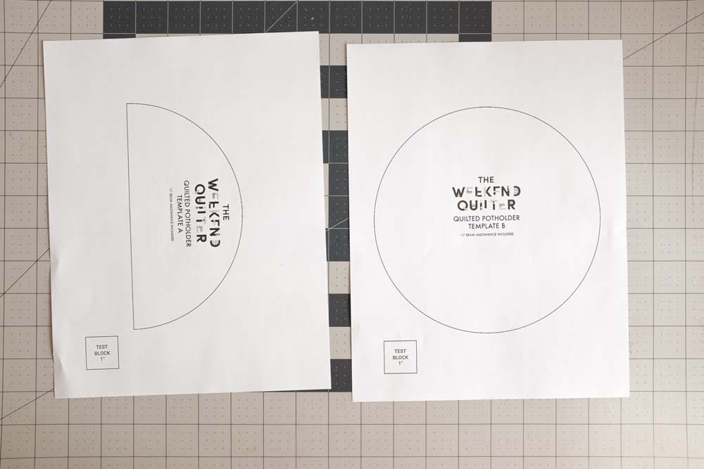 Two printed templates for a quilted potholder labeled "The Weekend Quilter." One template is a full circle, and the other is a semicircle, both including a ¼-inch seam allowance.