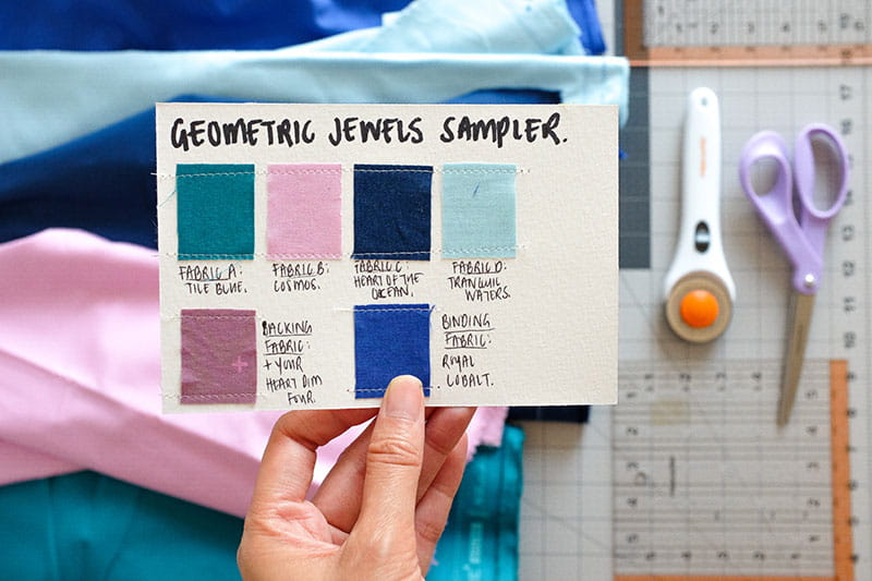 Color chart with fabric swatches  for Geometric Jewels Sampler