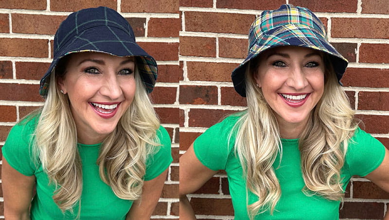 2 pictures of girl with green shirt wearing a newly created bucket hat