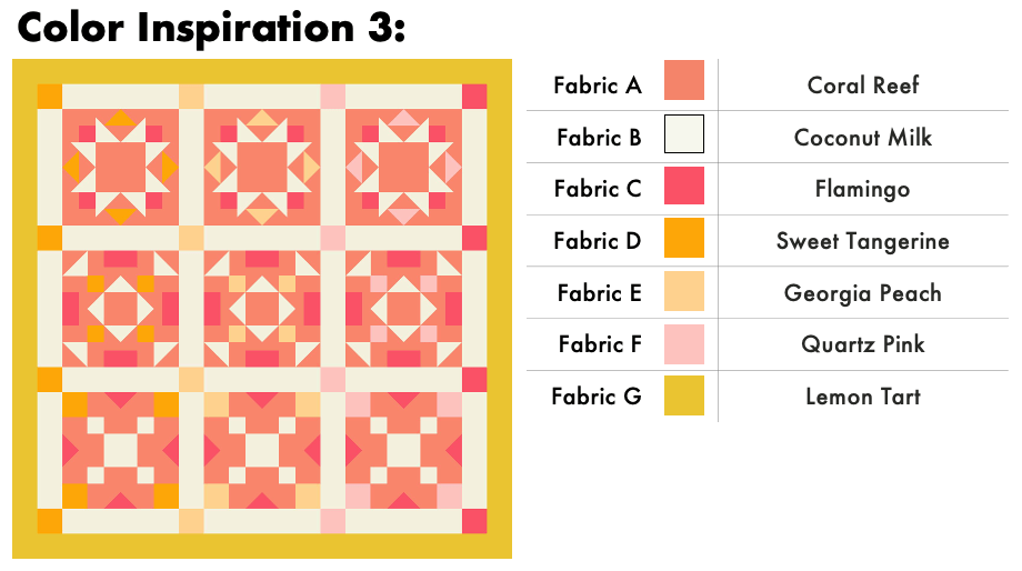 Color inspiration for Spring Serenade quilt in shades of coral, orange and yellow
