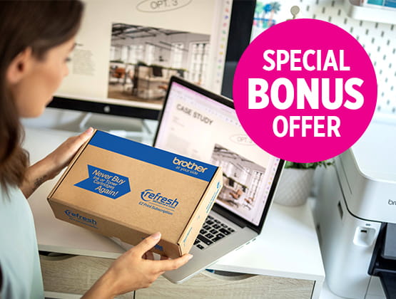 Woman holding Refresh carton with "Special Bonus Offer" text