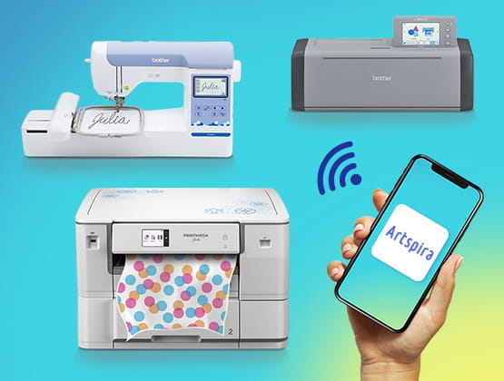 Artspira app on phone and supported devices including PrintModa, ScanNCut and embroidery machines