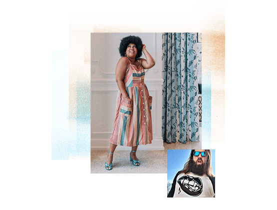 Woman modeling a dress and a selfie of Chris Tock