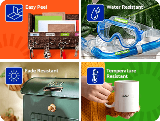 Easy Peel Featuring split, easy to peel backings for maximum efficiency when creating and applying labels in bulk  Water Resistant Use in areas with frequent water exposure; pools, laundromats, boating equipment, pet groomers, outdoor garbage & recycling receptacles  Fade Resistant Use in areas with exposure to direct sunlight; shop windows, farmer’s markets & swap meets, nurseries & home gardens, food trucks, car dealerships  Temperature Resistant Use in areas with temperature ranging from freezing to boiling; restaurant kitchens, skating rinks, farm& gardening tools, sports equipment