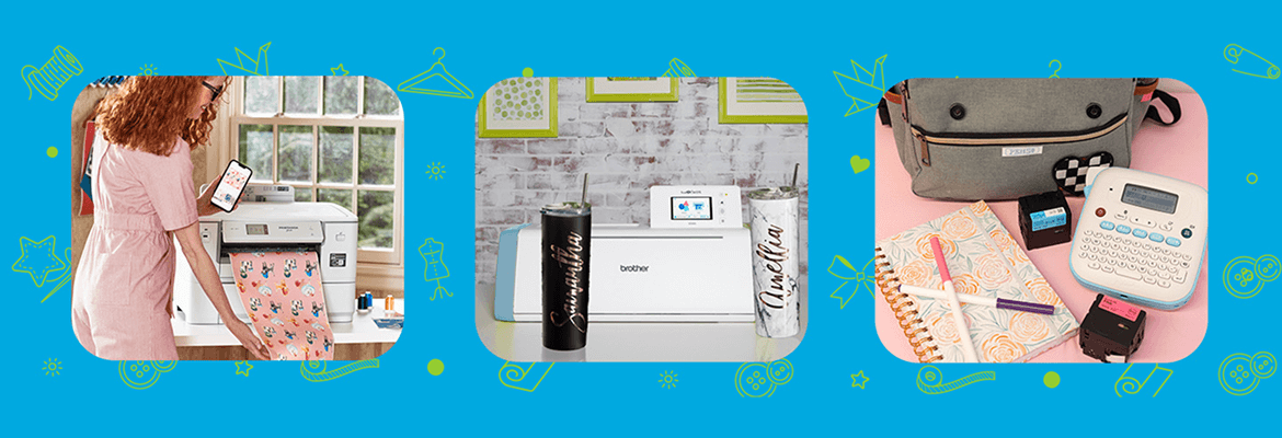 Bright blue background with crafting icons in yellow overlayed. 3 images of crafting products featuring PrintModa fabric printer, ScanNCut cutting machine and Ptouch label maker. 