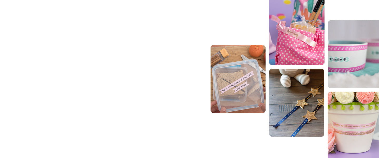 Labels and ribbons made with the P-touch Embellish label maker on containers, planters and bowls