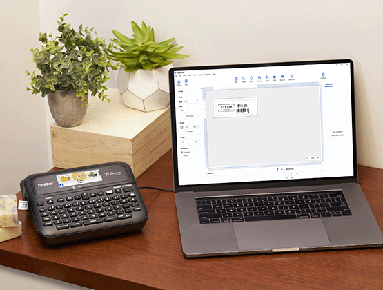 P-touch Editor Software open on a laptop computer connected to a P-touch label maker printer the barcode label. 