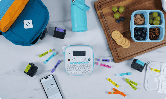 Brother Ptouch Label Maker with water bottles, label tapes, backpacks and food containers - organized with Ptouch Label Maker