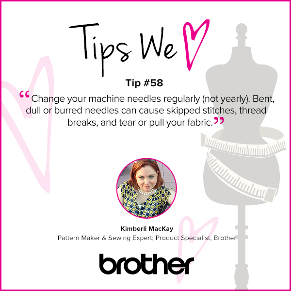 Change your machine needles regularly (not yearly). Bent, dull or burred needles can cause skipped stitches, thread breaks and tear or pull your fabric.