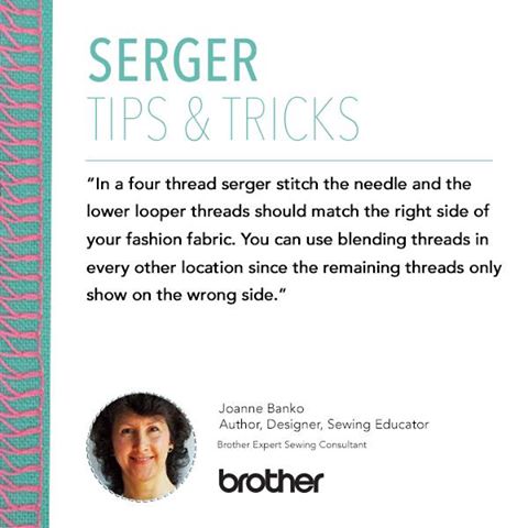 In a four thread serger stitch the needle and the lower looper threads should match the right side of your fashion fabric. You can use blending threads in every other location since the remaining threads only show on the wrong side.