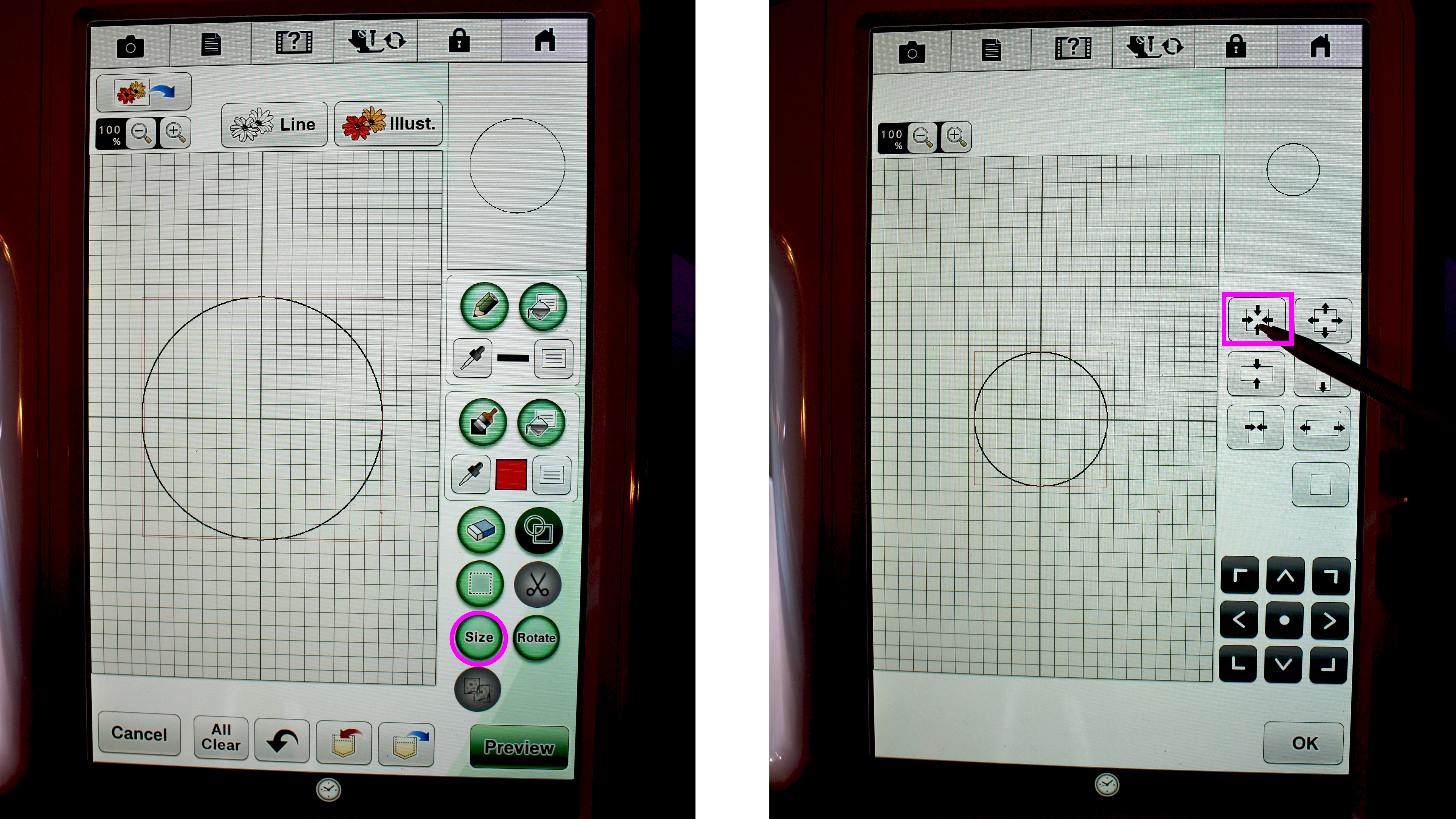 Click on SIZE icon to adjust circle size.