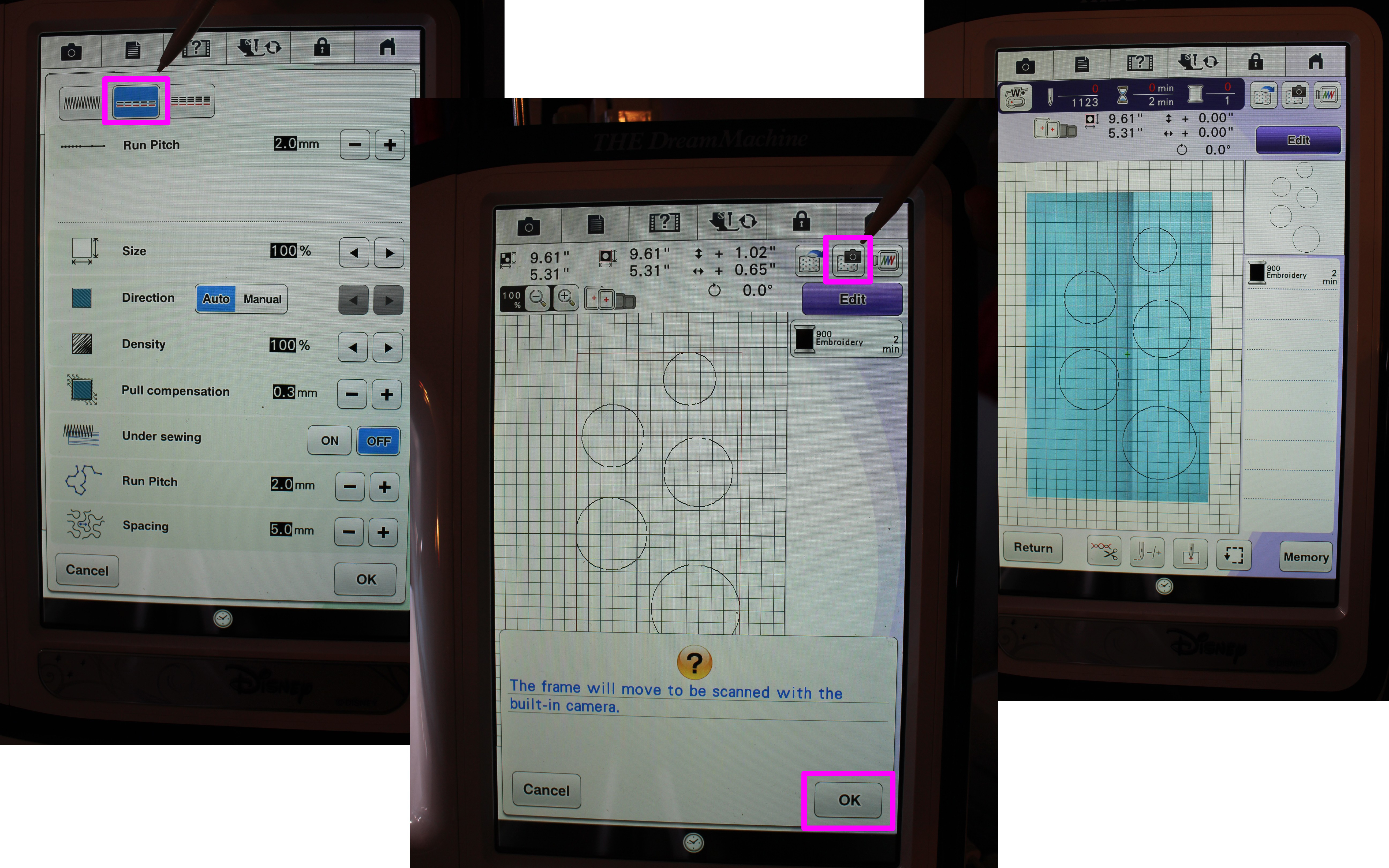 Set running stitch. Scan. Adjust design pacement.