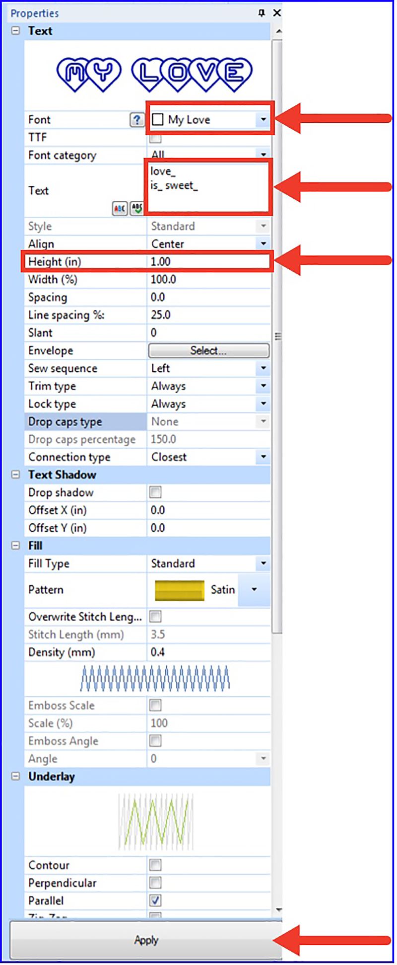 text specifications