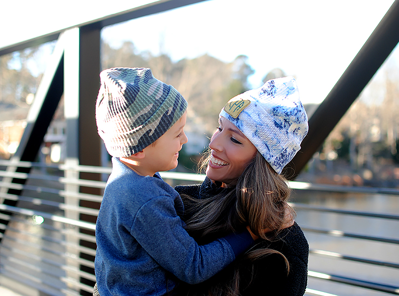 mom and son wearing beanies